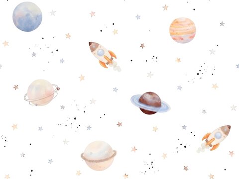 Cute Watercolor Outer Space Seamless Pattern, Pastel Planets, Flying Rockets, Ringed Saturn, and Twinkling Stars Nursery Wallpaper