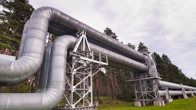 The photo shows a pipeline against the backdrop of a gray sky and forest
