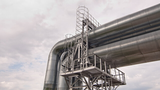 a pipeline on a metal support against a gray sky