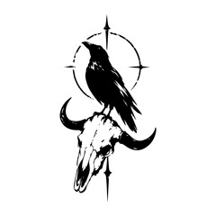 Obraz premium Tribal Raven and Bull Skull Tattoo Gothic Raven Skull Monochrome Design