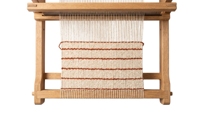 wooden weaving loom with striped fabric isolated on transparent background png
