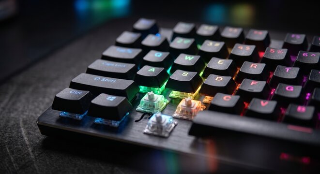 Mechanical keyboard RGB backlighting close-up vibrant tech photography professional gaming setup lighting
