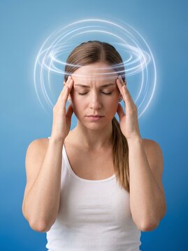 Woman suffering from vertigo and migraine headache symptoms