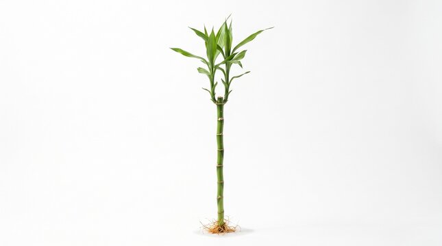 Fresh green lucky bamboo stalk with roots growing isolated on a clean white background