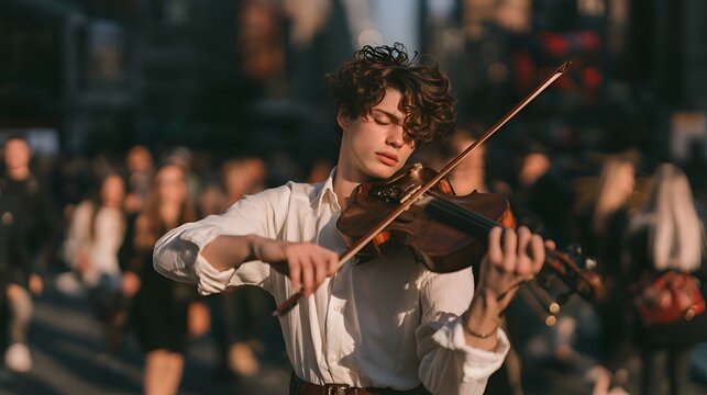 Young man playing violin outdoors in a crowd with warm sunlight