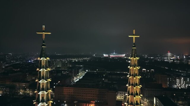 Warsaw Cathedral Spires & Cityscape at Night with National Stadium