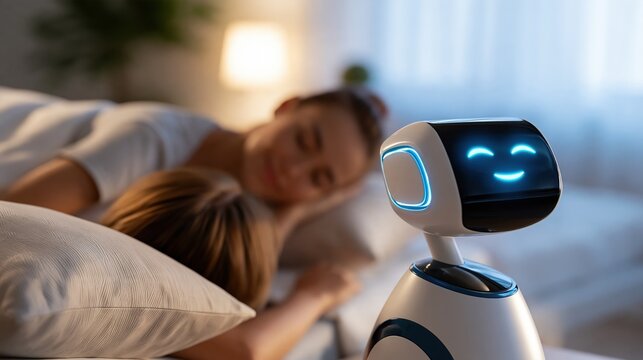 Friendly humanoid robot watching over sleeping child and parent at night, futuristic home automation