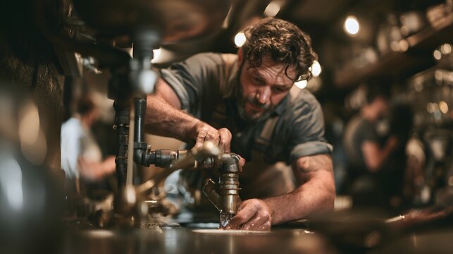Bearded craftsman meticulously repairs plumbing fixtures in a dimly lit workshop