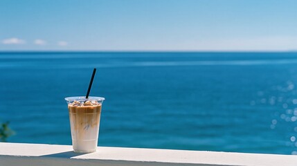 Fototapeta premium Refreshing Iced Coffee Drink with Creamy Layers on a Sunny Day with a Beautiful Ocean View