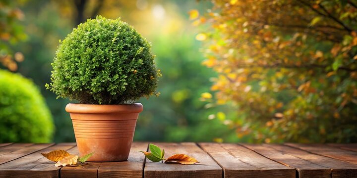 Evergreen tree Buxus sempervirens in a large ornate terracotta pot on a wooden table, surrounded by lush green foliage and autumnal leaves, nature, forest