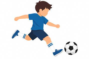 Fototapeta premium Flat vector illustration of a young boy in blue sportswear kicking a soccer ball on a white background, highlighting childhood sports, active lifestyle, and football training.