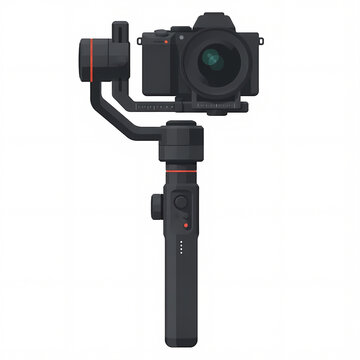 Professional modern mirrorless camera mounted on a handheld three-axis gimbal stabilizer for cinematic videography and content creation, flat vector illustration on white background.