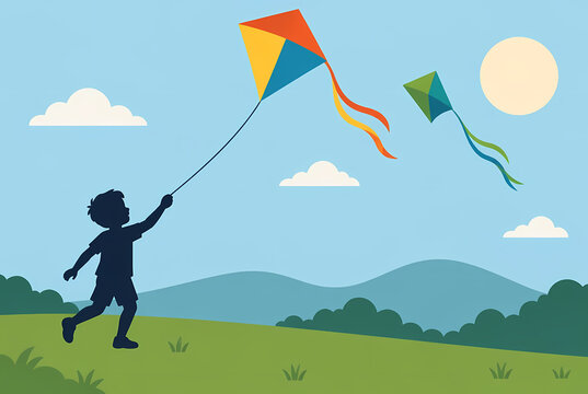 Vector illustration of a kid silhouette flying colorful kites in a scenic outdoor park with mountains and sun, representing childhood freedom and summer fun.