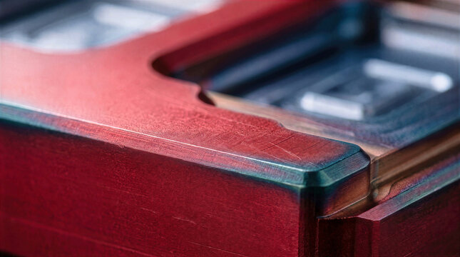 Macro detail of an anodized red metal component showing fine scratched edge and beveled corner. Metallic surface texture of precision engineered industrial machinery part on dark background
