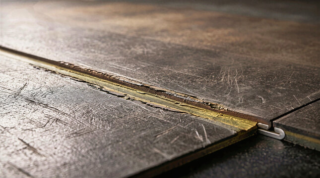 Weathered dark wood panel seam with flaking yellow adhesive layer and scratched surface. Macro photograph of worn vintage floorboard material texture for industrial background and design template