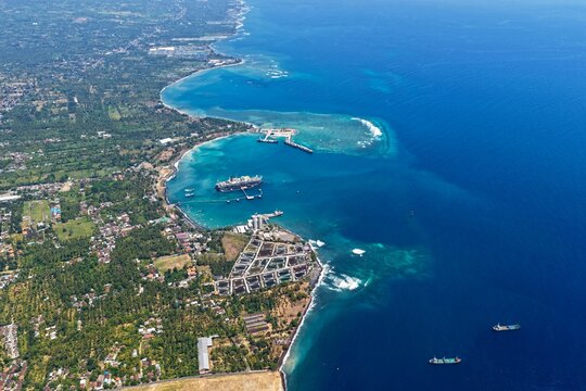 Aerial View of Celukan Bawang Port and Tropical Coastline in Bali