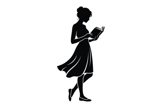 Woman in a dress standing and reading a book with literacy education learning