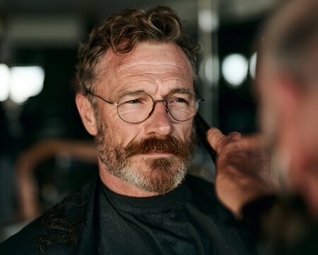 Mature man with glasses getting a haircut and beard trim in a salon