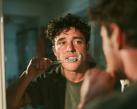 Young man brushing teeth in the mirror with toothpaste foam on his face
