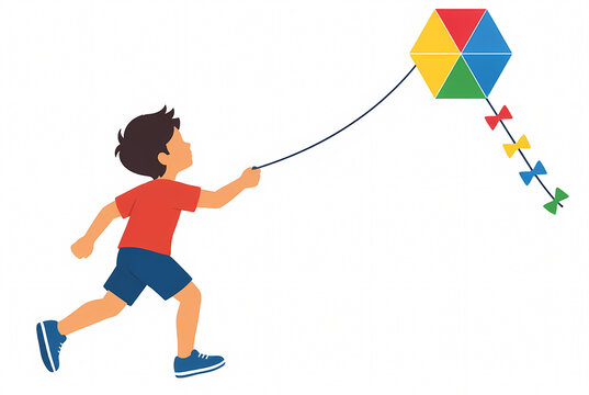 Flat vector illustration of a young boy running and flying a colorful hexagonal kite on a white background, representing childhood fun and outdoor play activity.