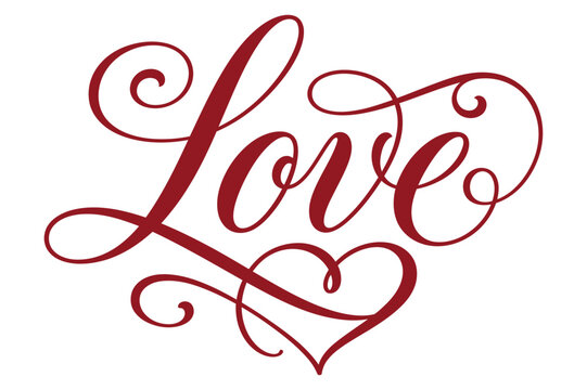 Love script typography with heart shape flourish in red calligraphy typography