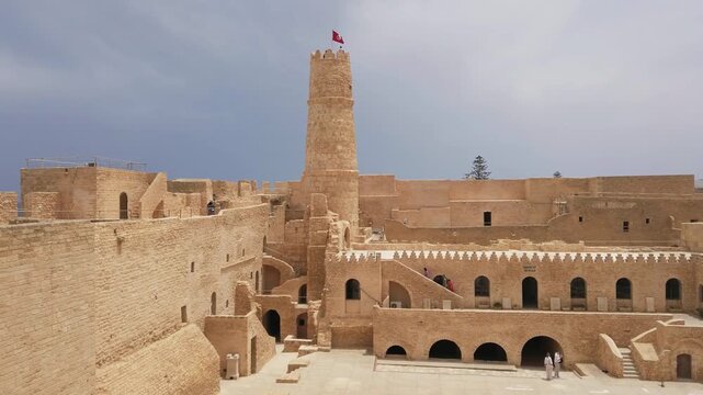 Central Ribat courtyard tower of a historic fortress in Monastir, Tunisia