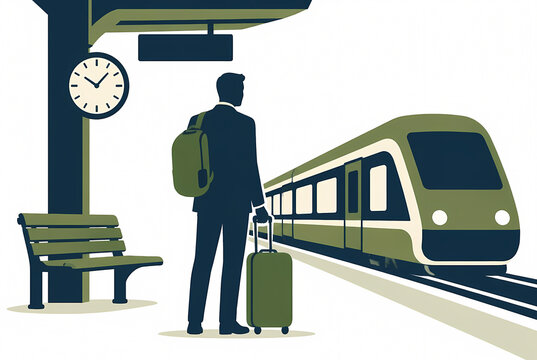 Flat vector illustration of a male businessman silhouette with a backpack and rolling suitcase waiting for a commuter train at a railway station platform next to a clock and bench.