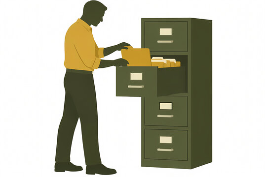 Flat vector illustration of a male office worker silhouette organizing documents and manila folders in a metal filing cabinet, concept of archive management, storage and organization