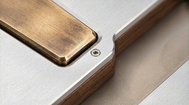 Close-up of brushed brass metal plate inset into machined aluminum housing with walnut wood edge and hex screw fastener. High-end industrial design, precision engineering and metallic textures