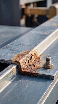 Close-up of corroded steel beam with flaking orange rust and threaded hex bolt fastener joint. Industrial decay, metal oxidation, weathered structural component and rough metallic macro texture