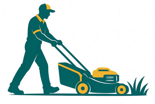 Flat Vector Illustration of a Professional Man Silhouette Mowing the Lawn with a Push Mower, Gardening and Landscaping Service Concept Isolated on a Plain White Background