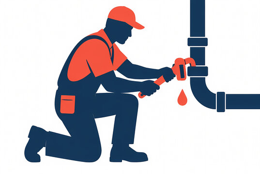 Flat Vector Silhouette of a Professional Plumber or Repairman in Overalls and Cap Using a Pipe Wrench to Fix a Leaking Pipe, Home Maintenance and Industrial Plumbing Service Concept