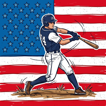 Athletic Baseball Player Swings Bat Against American Flag Backdrop Illustration