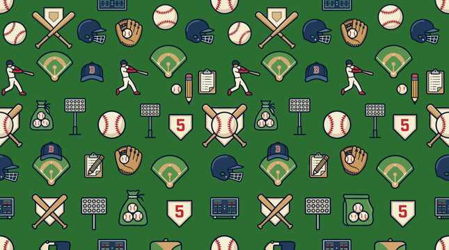 Baseball Game Day Elements Seamless Pattern Digital Art Design