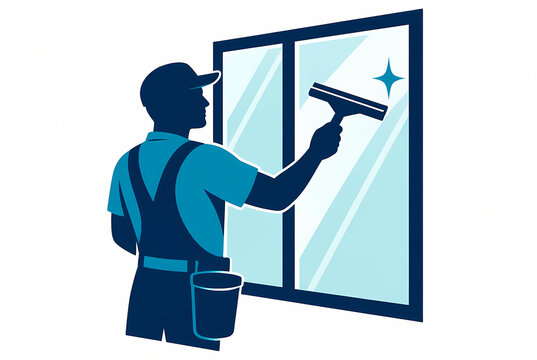 Professional male window cleaner silhouette in flat vector illustration style, wearing uniform and cap while using a squeegee tool to clean glass window, isolated on white background