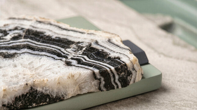 Polished cross section of a black and white banded onyx agate mineral slab. Natural crystal structure with geological layers, gemstone texture and decorative stone specimen background