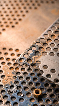 Industrial macro of a perforated metal sheet with a scorched torn edge and a brass hex nut. Rusty metallic surface with round hole pattern, engineering hardware and manufacturing background