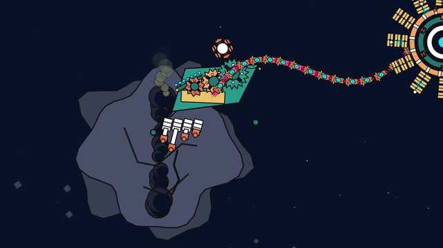 2D vector animation of asteroid mining operation in deep space with conveyor belt transferring resources to a space station