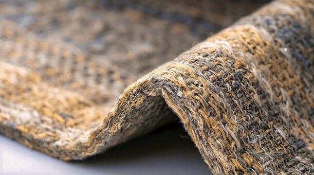 Macro detail view of a coarse woven mineral wool textile with a folded edge. Textured fabric material with earthy brown and grey tones, industrial insulation or craft fiber detail background