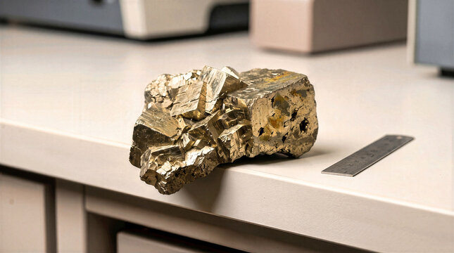 Metallic golden pyrite crystal cluster on a white laboratory inspection bench. Macro view of fool's gold mineral specimen with cubic structure and a metal ruler for scale in a science research lab
