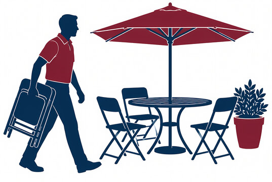 Flat vector illustration of a man in a red polo shirt carrying a folding chair towards an outdoor garden patio table set with a large red parasol and a potted plant.