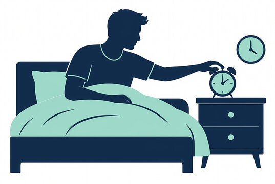 Flat vector illustration of a man silhouette in bed reaching out to turn off an alarm clock on a nightstand, conceptualizing morning routine, early wake up, and time management.