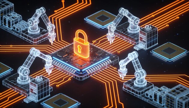Isometric semiconductor fab with glowing orange padlock, lithography machines and wafer lines as holographic wireframes, neon orange circuit lines, dark background, chip manufacturing security
