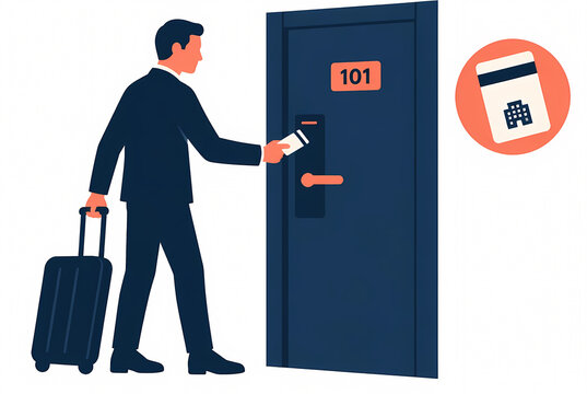 Flat vector illustration of a professional businessman with a suitcase using an electronic key card to open a hotel room door, concept of business travel, check-in and hospitality