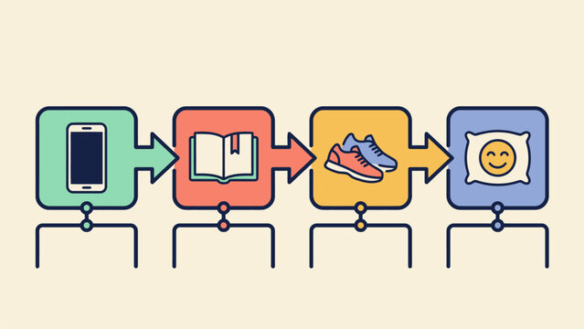 Flat illustration of a mental health routine with smartphone, book, shoes, and pillow