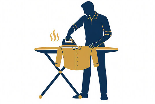 Minimalist Vector Art of a Man Silhouette Ironing a Button-Down Shirt on an Ironing Board with Steam, Housework and Household Chores Concept Isolated on White Background