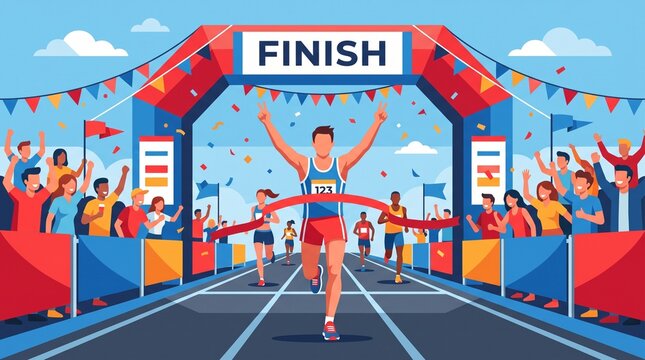 Runner crossing finish line with arms raised in triumph