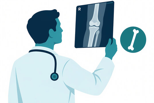 Professional male doctor silhouette in flat vector illustration style, examining a knee X-ray radiograph while wearing a stethoscope, orthopedics and healthcare concept.