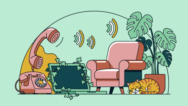 Cozy home setting with armchair, sleeping cat, vintage telephone, and laptop for mental wellness