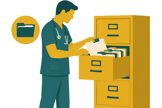 Vector Illustration of a Male Nurse Wearing Scrubs and a Stethoscope Organizing Patient Records and Medical Documents in a Filing Cabinet, Healthcare Administration Concept